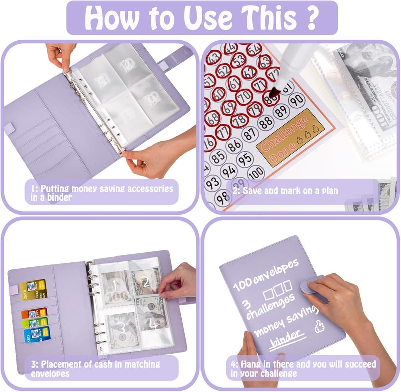 Antner 100 Envelopes Money Saving Challenge Binder, Savings Challenges Book with Envelopes & 3 Challenge Trackers to Save $5,050 and $500 and $10,000, A5 Budget Binder Money Saving Book, Purple - Image 4